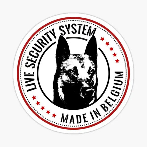 Round Belgian Malinois security vinyl decal with black-and-white dog face badge