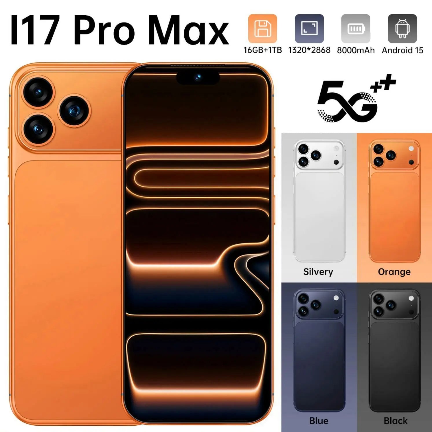 I17 Pro Max smartphone with 16GB RAM and 1TB storage, global version with dual SIM support, front view.