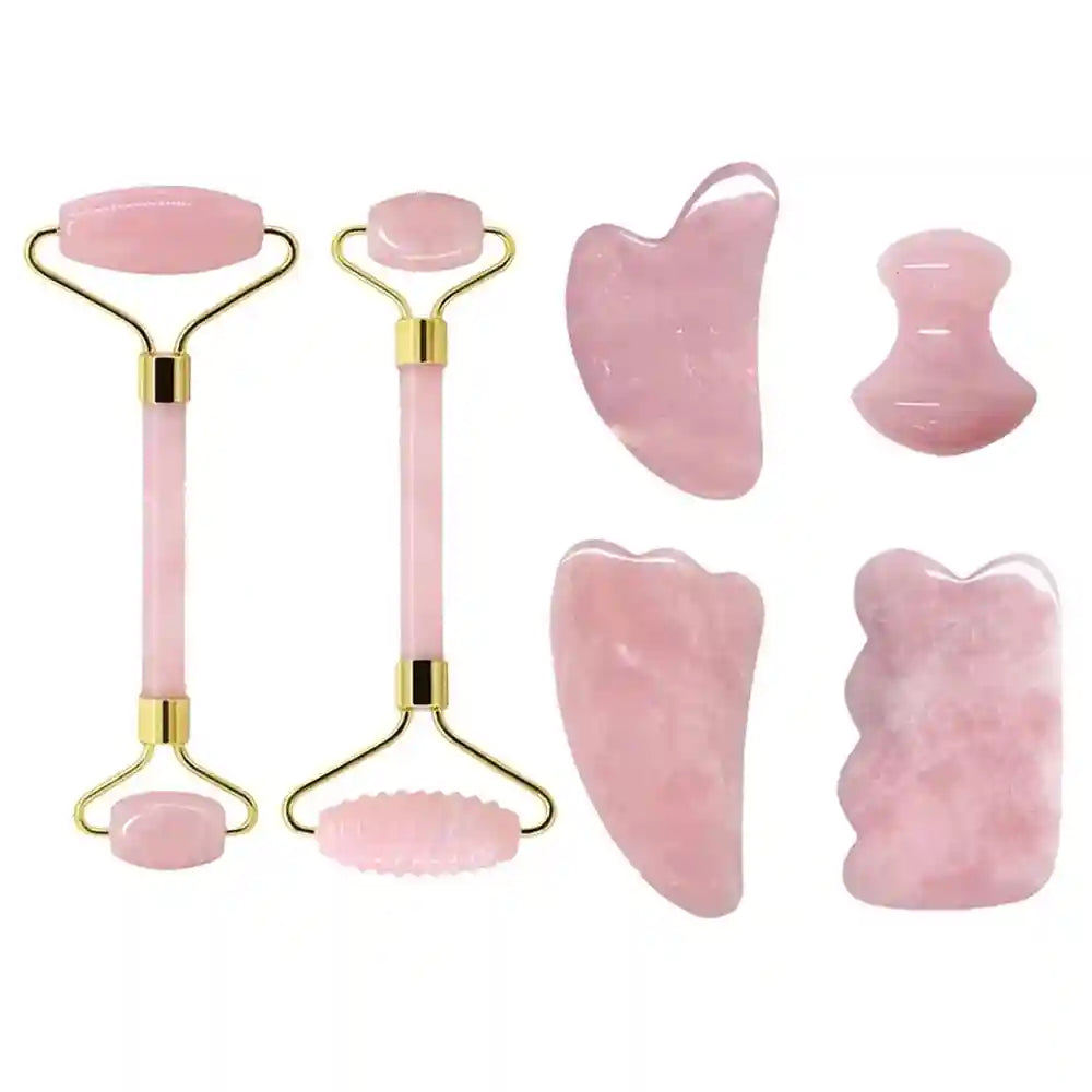 Rose Quartz Face Roller and Gua Sha Set - Premium Facial Massage Tool Massage Roller Tidesmit