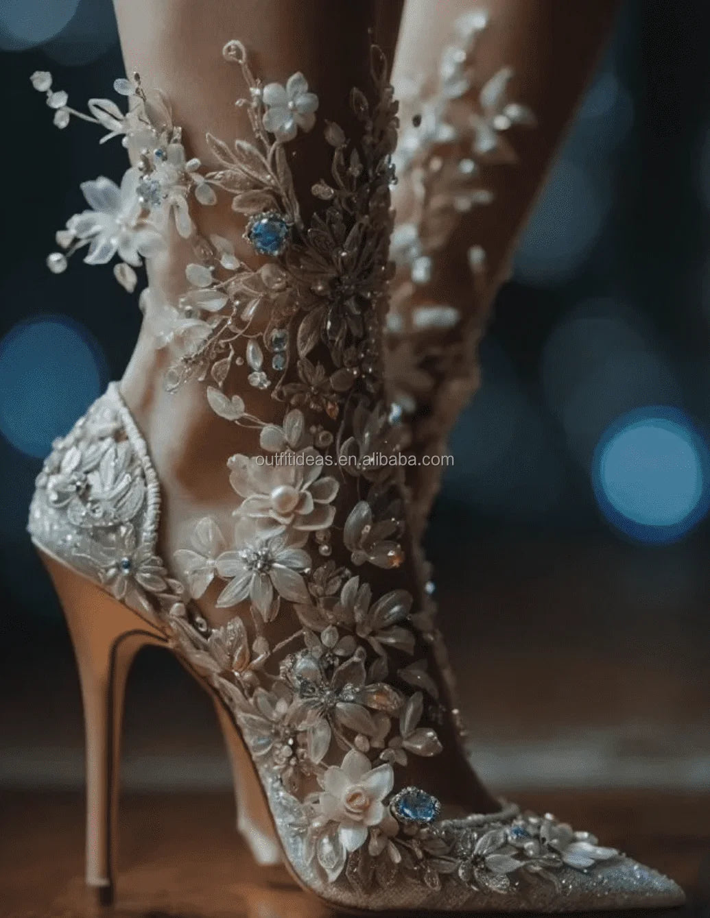Elegant Wedding Sexy Rhinestone Bedazzled Heels Blue Flower Ankle Wrap Tie up Crystal Strappy Sandal Sparkly Stiletto Prom Shoes