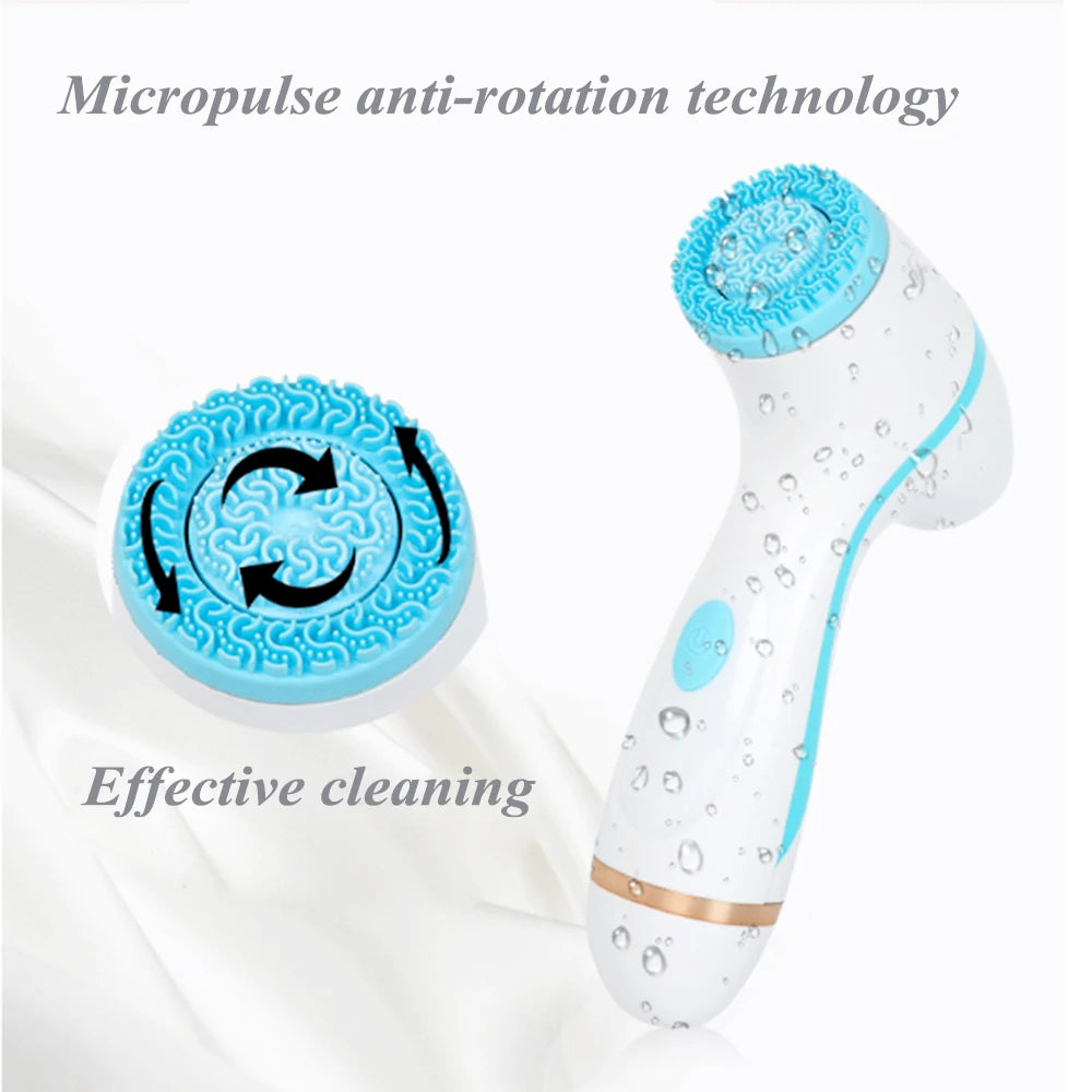 White and blue sonic facial cleansing brush with silicone head, anti-rotation technology for deep skin exfoliation.