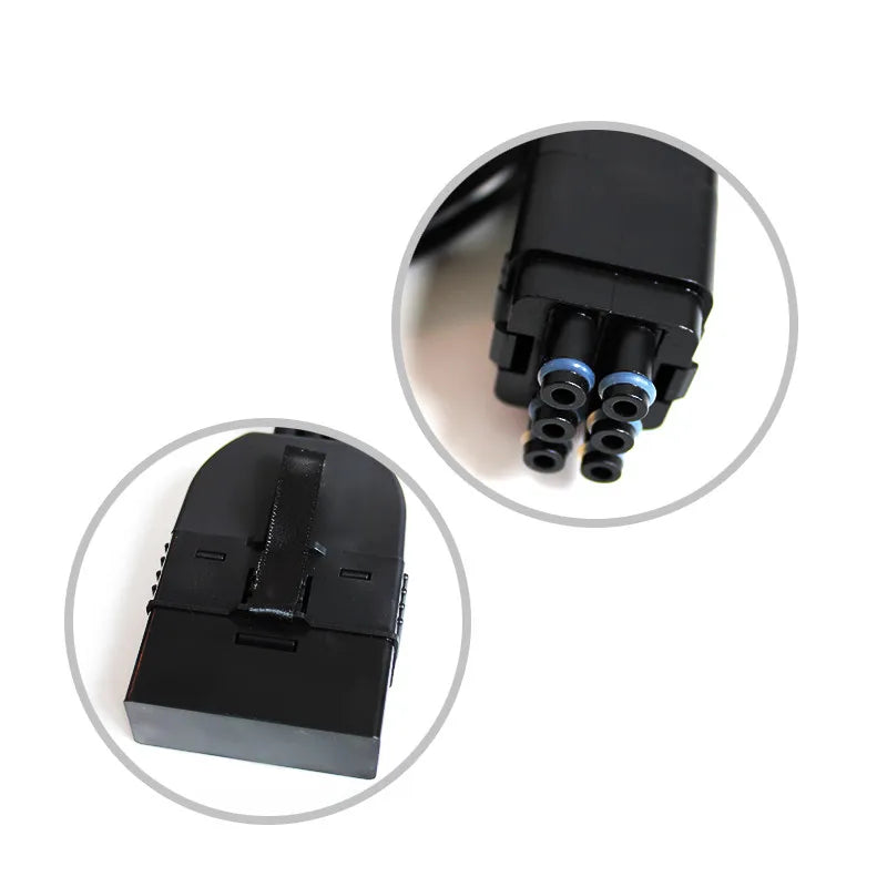 Black air compression leg massager hose connector for sequential compression recovery boots, showing plug detail.