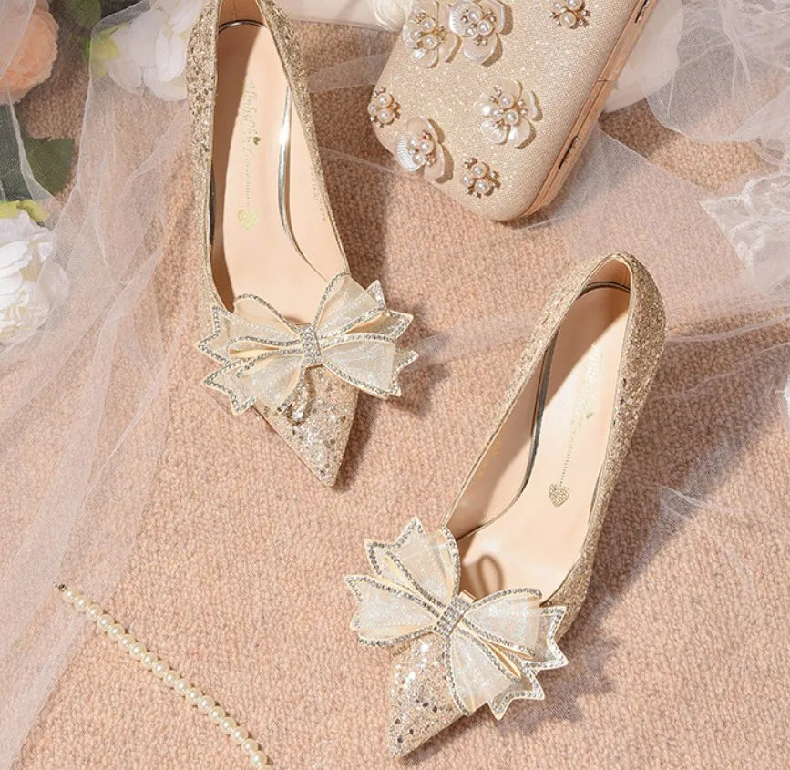 Luxury Shiny Champagne Gold High-heeled Women's Shoes Pointed Toe Designer Heels Ladies Sexy Bridal Wedding Gowns Shoe
