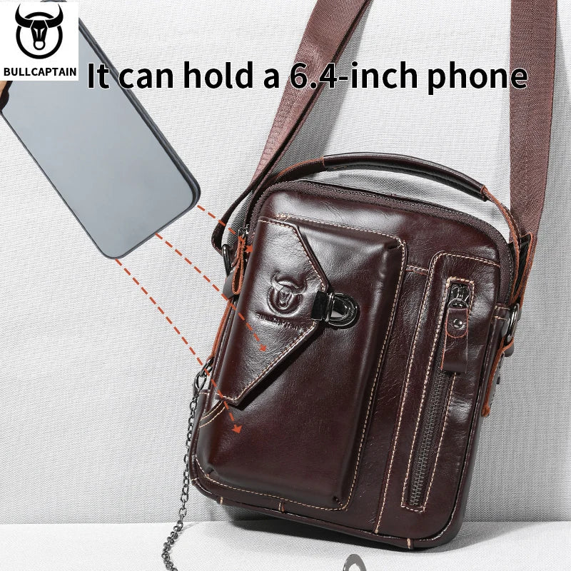 BULLCAPTAIN vintage brown cowhide leather crossbody bag with front pocket, metal clasp, and adjustable shoulder strap.