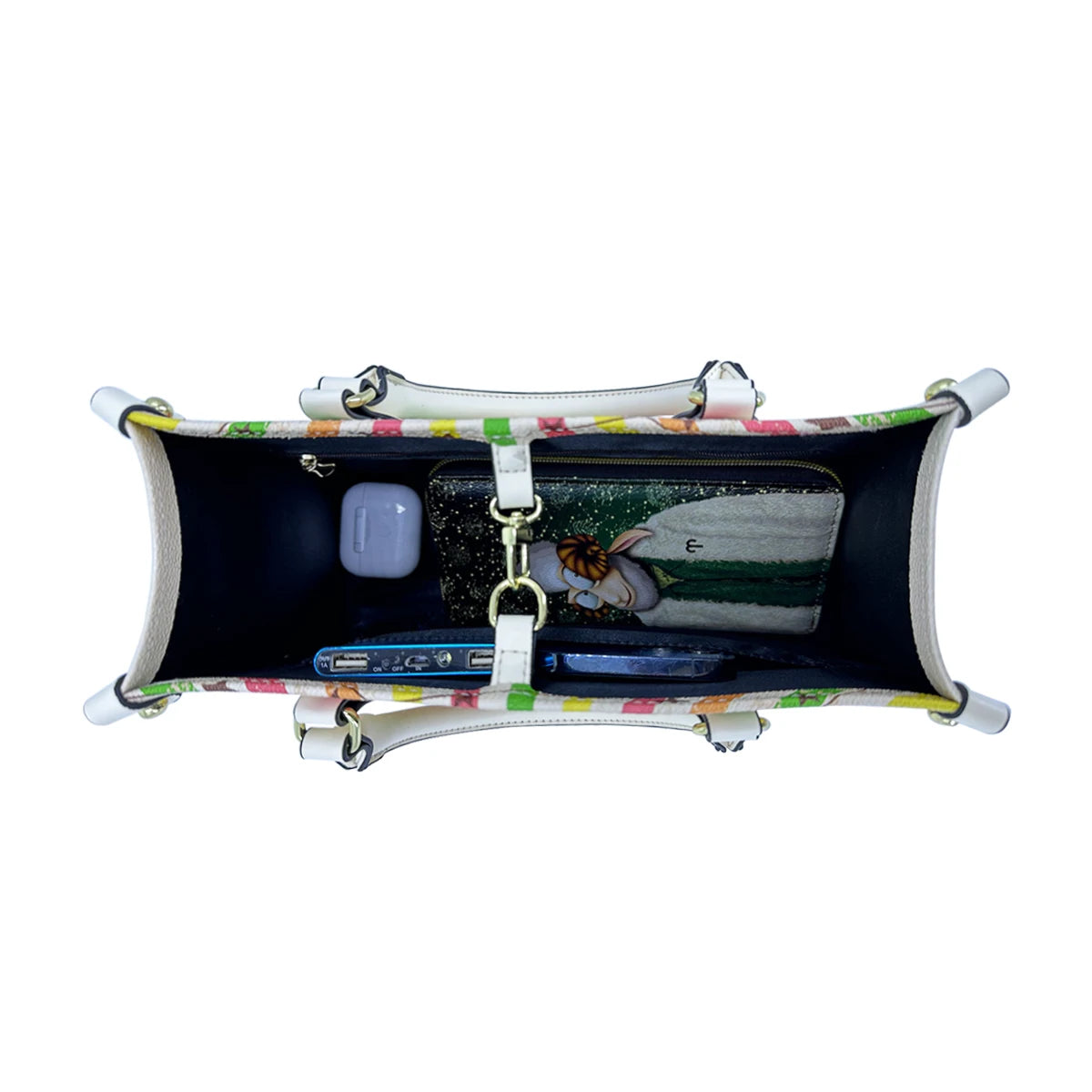 Top view of a trendy faux leather trunk handbag featuring a colorful striped rim and dual straps.