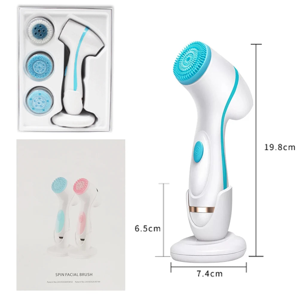Sonic facial cleansing brush set with blue silicone heads for deep pore cleaning, blackhead removal, and skin care.