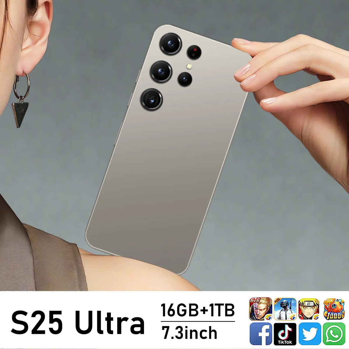 Gray 5G smartphone with quad rear cameras held in hand