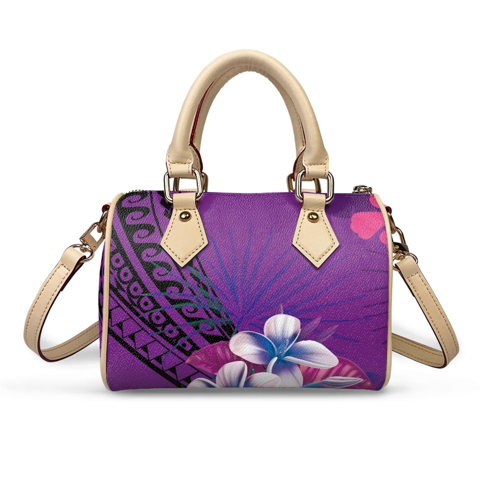 Purple waterproof PU leather trunk handbag with Samoan tribal patterns, floral print, zip closure, and beige handles.