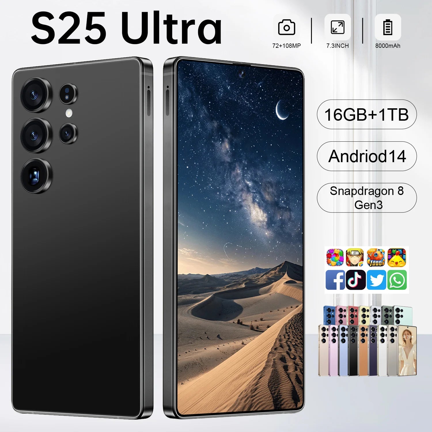 Tidesmit S25 Ultra 5G smartphone with AI, 16GB RAM, 1TB storage, 6.9-inch screen, and integrated touch pen.