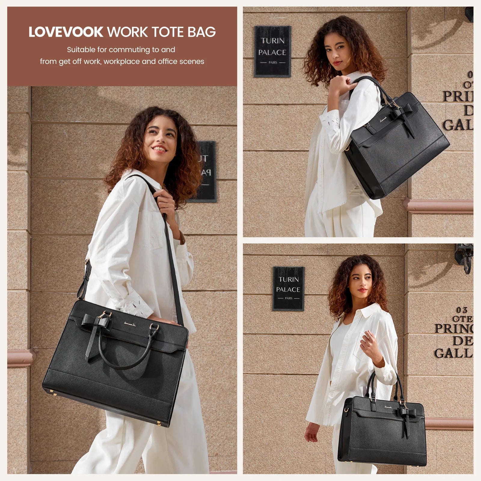 Black waterproof 15.6-inch laptop tote, luxury designer shoulder bag with bow detail for work and office.