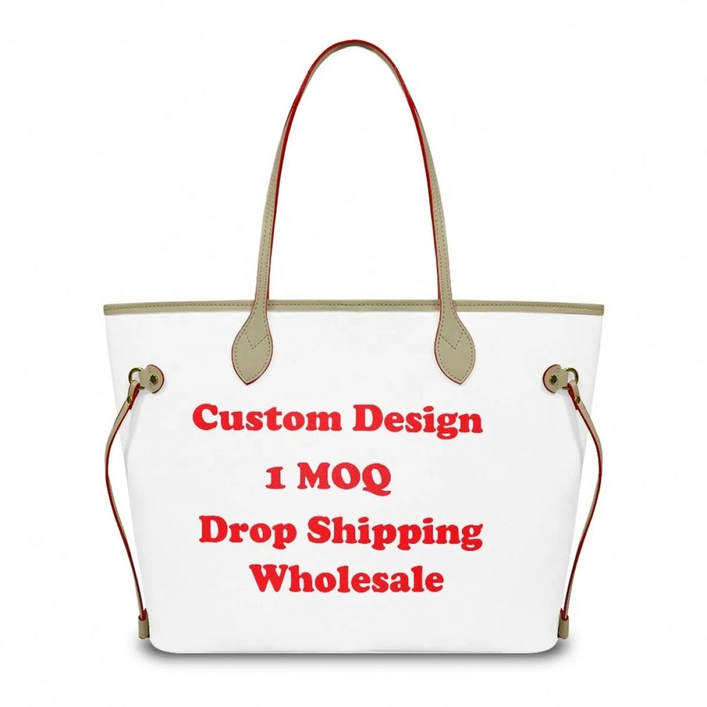 White custom leather tote bag with red trim, tan handles, and gold hardware. Trendy large-capacity designer handbag.
