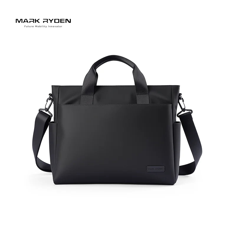 Mark Ryden black waterproof laptop briefcase with shoulder strap, large-capacity designer tote for men.