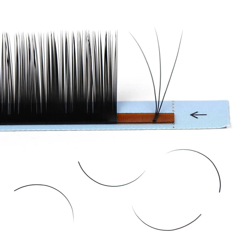 Black 0.03mm Russian volume silk eyelash extension fans on a strip with three loose curved lashes below.