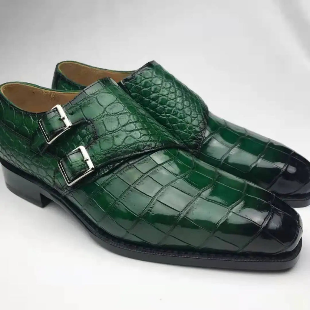 Goodyear Shoes for Man Styles Monk Strap Men High Quality Dress Shoes Green Luxury Genuine Crocodile Leather Office Men's Shoes