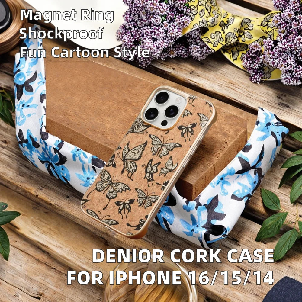Denior Cork Material Invisible Magnetic Wireless Charging Phone Case for iPhone 16/15/14 Series Camera Screen Protector OPP Bag Tidesmit