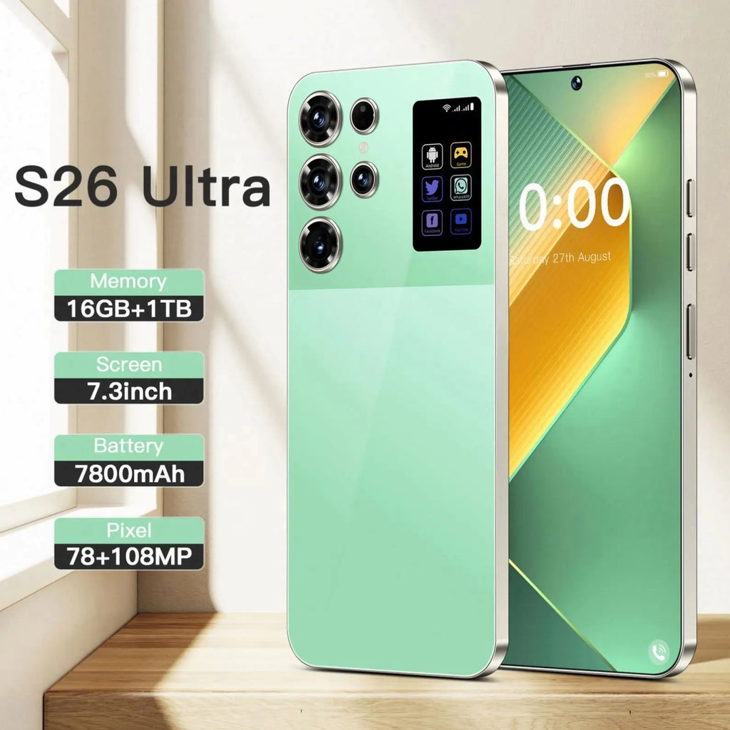 Tidesmit S26 Ultra 5G smartphone with 7.3 inch HD screen, 12GB RAM, 512GB ROM, and integrated stylus in black