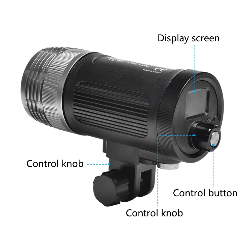Black cylindrical waterproof dive light with a silver bezel, digital display, control knob, and mounting bracket.