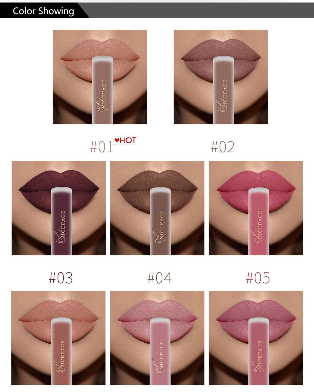 NICEFACE waterproof velvet matte liquid lipstick set showing various nude, pink, and dark pigmented lip tint shades.