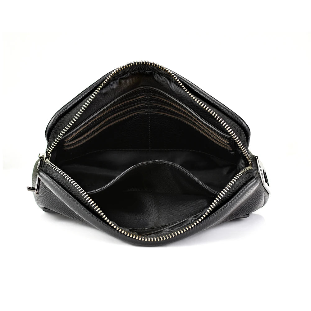 Black genuine leather designer travel handbag, featuring a zippered opening, internal card slots, and organized pocket.