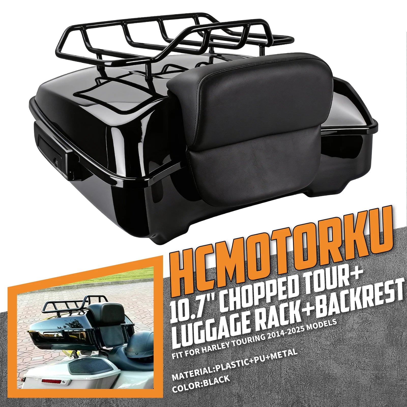 Glossy black 10.7" motorcycle tour pack trunk with PU backrest and metal luggage rack for Harley Touring 2014-2025.