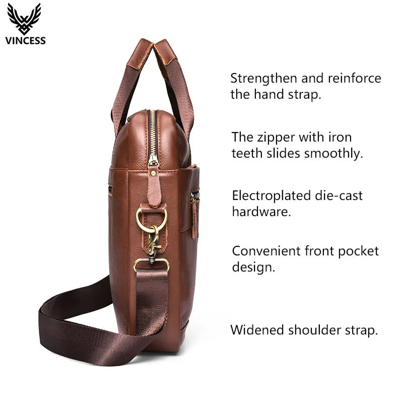 VINCESS brown leather executive business briefcase with reinforced handles, zipper closure, and adjustable shoulder strap.