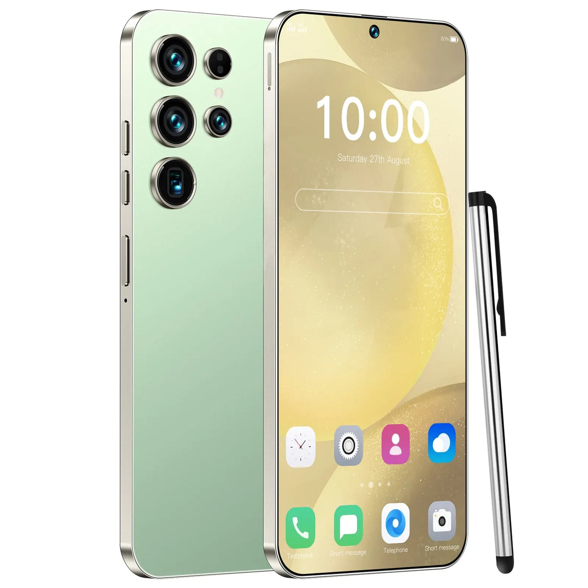 Light green smartphone with triple rear cameras; front touchscreen and side buttons