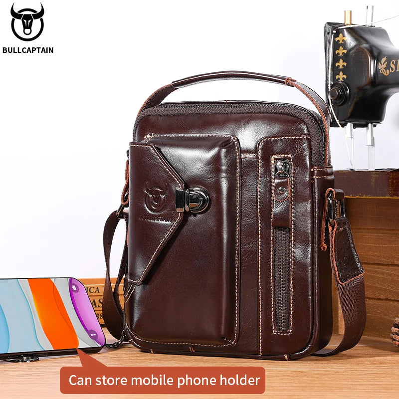 BULLCAPTAIN vintage brown genuine cowhide leather men's crossbody bag with clasp pocket and shoulder strap.