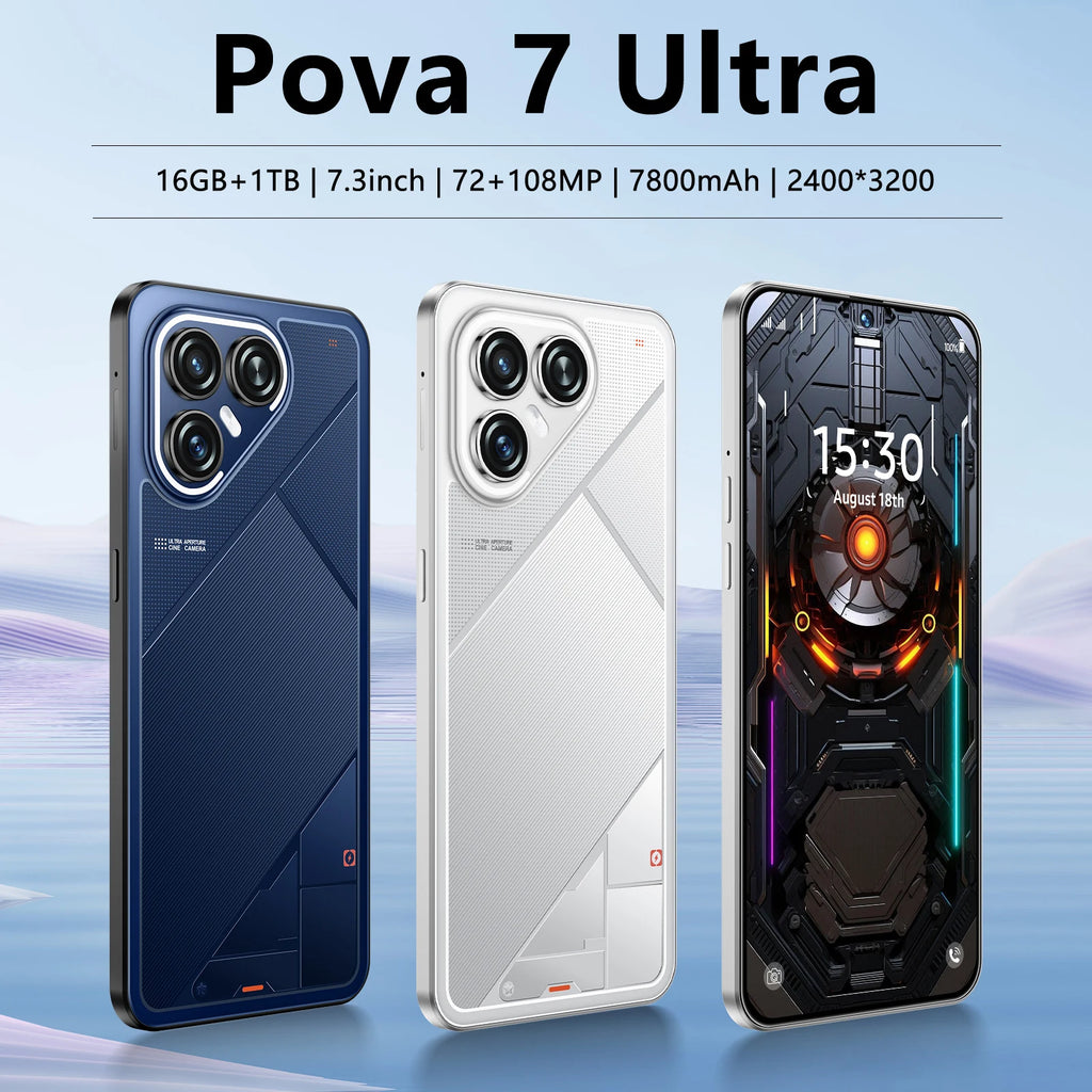 Tidesmit Pova7 Ultra 5G Smartphone with 16GB RAM, 1TB storage, and 7.3 inch display