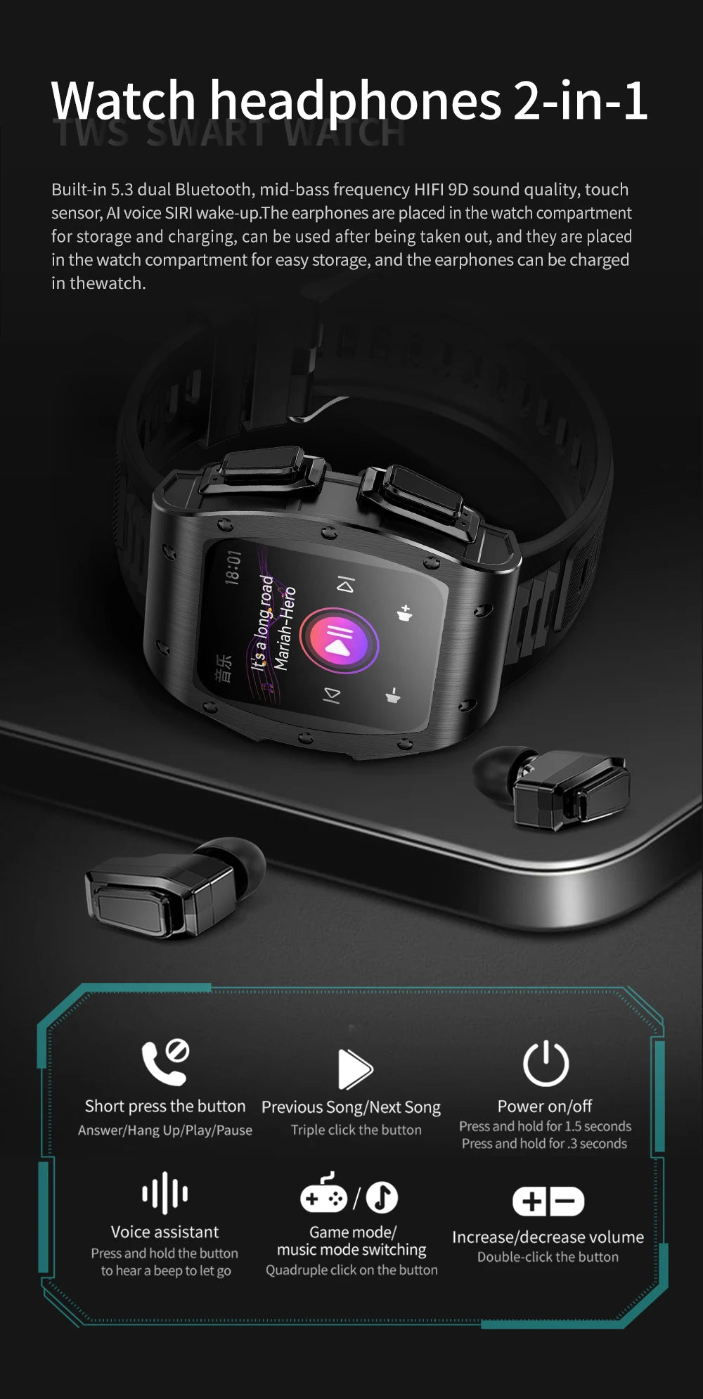 Jm09 2-in-1 TWS Smart Watch Wireless Earphones IP67 Waterproof Blood Oxygen Monitor Compass for Men's Sports Smartwatch Earbuds Tidesmit