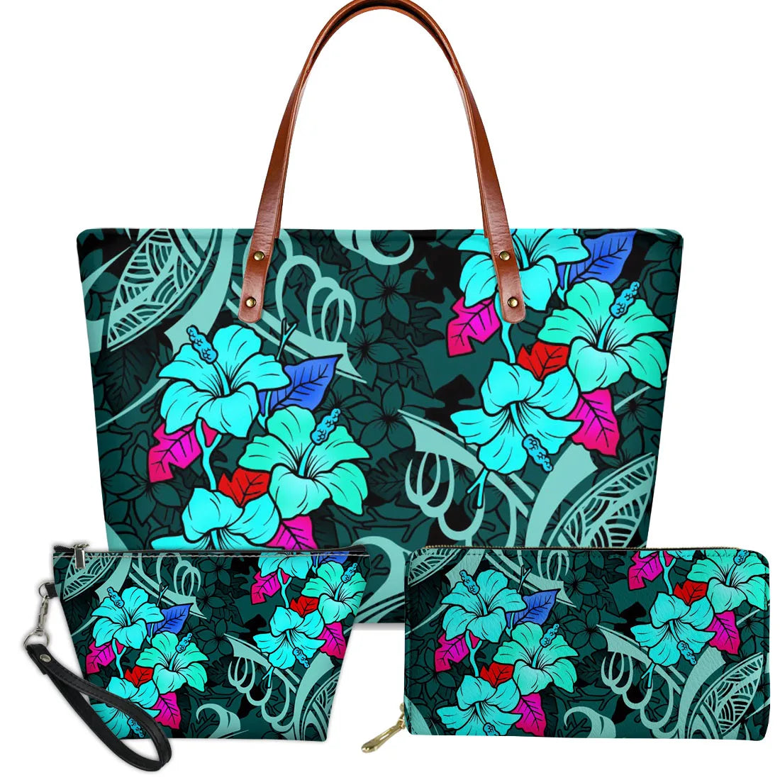 3-piece handbag set with teal floral hibiscus and Polynesian tribal prints on dark green leather-style material.