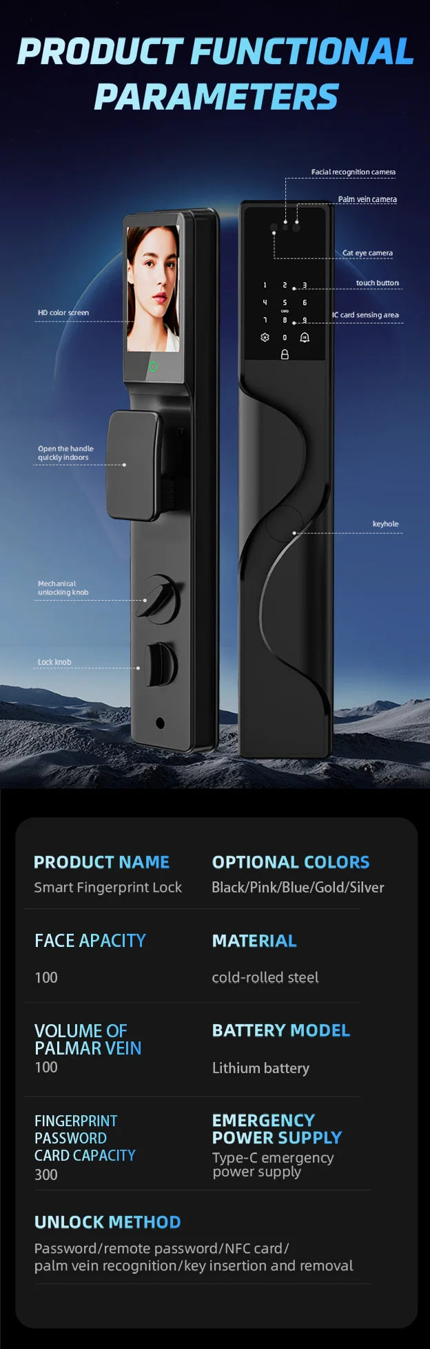 Tuya App Security Lock, Waterproof Smart Door Locks with 3D Face & Palm Recognition Camera Video, Smart Lock Suitable for Israel
