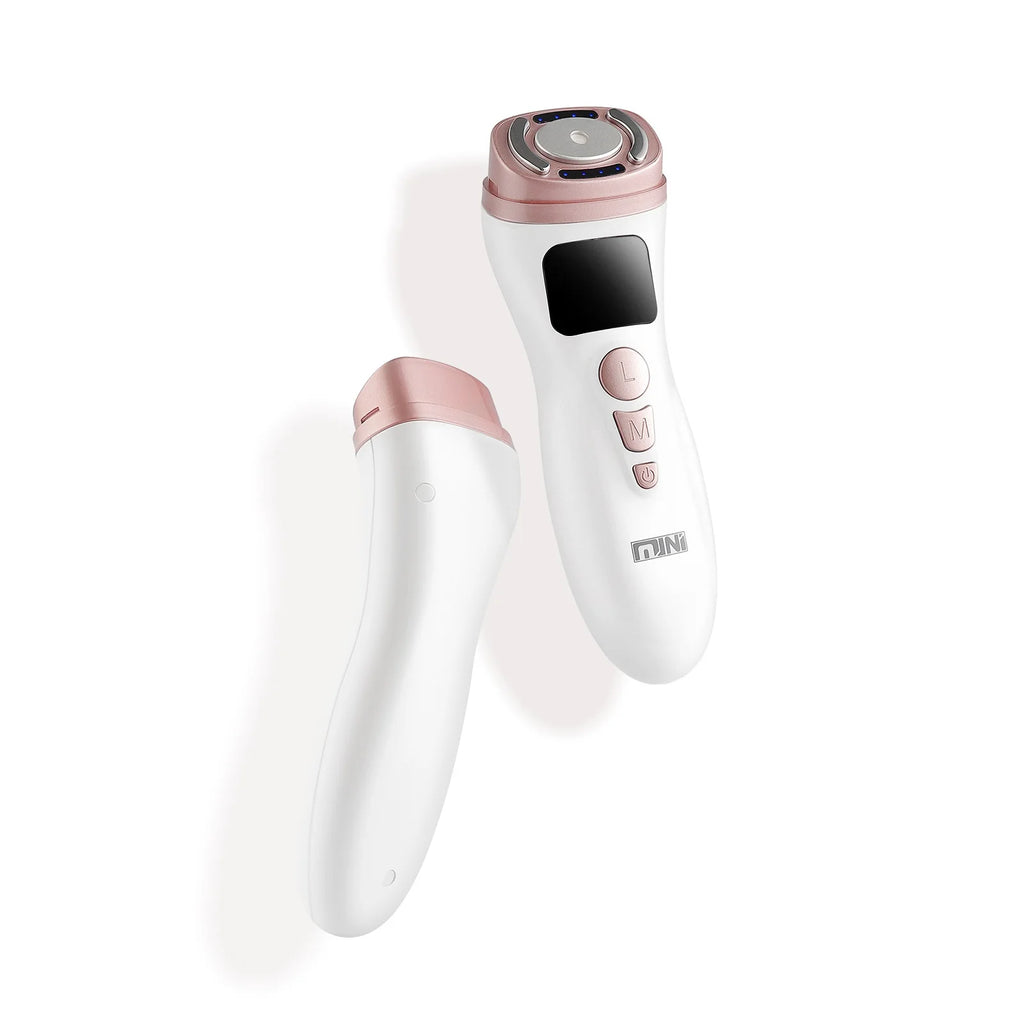 White and rose gold handheld HIFU facial device with digital screen and control buttons on a white background.