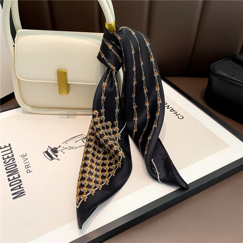 Women's Spring Autumn Mulberry Silk Square Scarf, Elegant Geometric Print, Soft & Smooth Neck Scarf