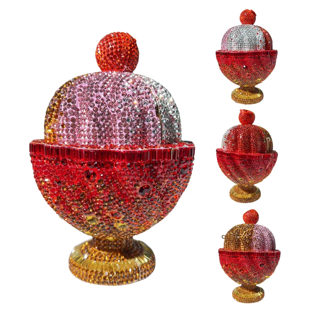 Crystal-embellished ice cream cup evening clutch, red and pink sparkly novelty handbag for weddings and parties.