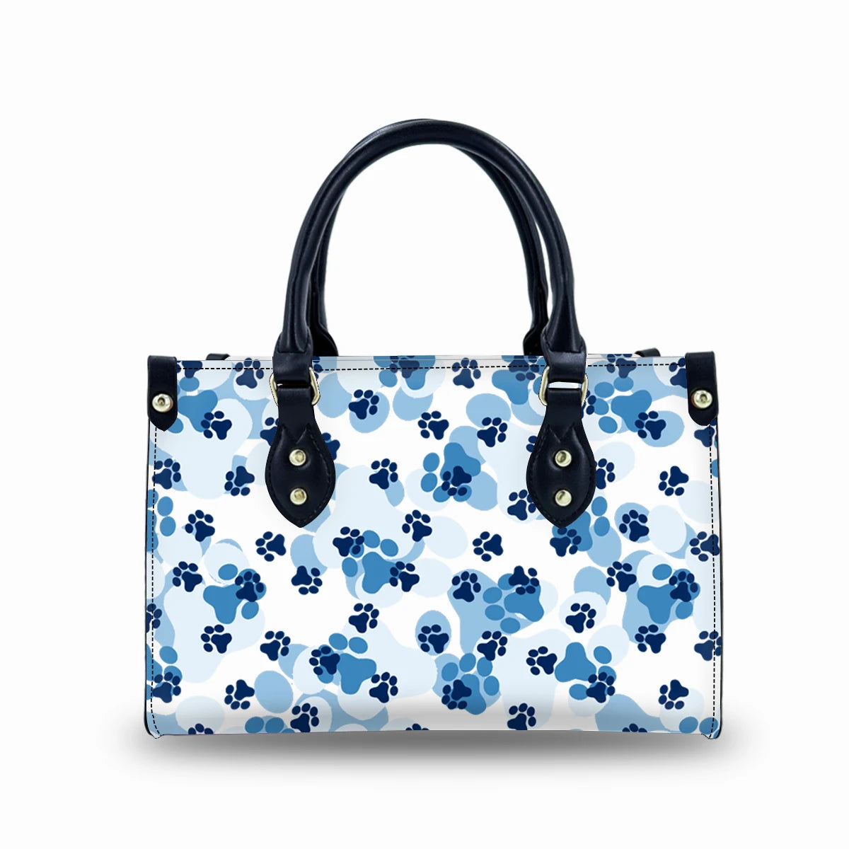 Luxury blue and white paw print PU leather trunk bag with black top handles and vintage-style gold buckle accents.