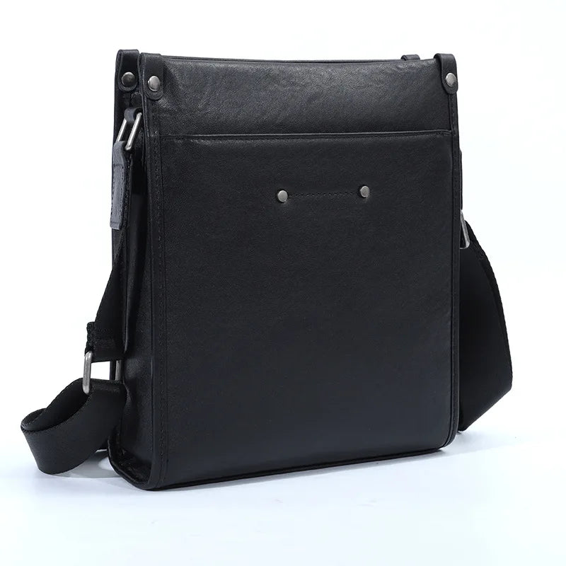 Black waterproof genuine leather crossbody messenger bag with adjustable shoulder strap and silver hardware details.