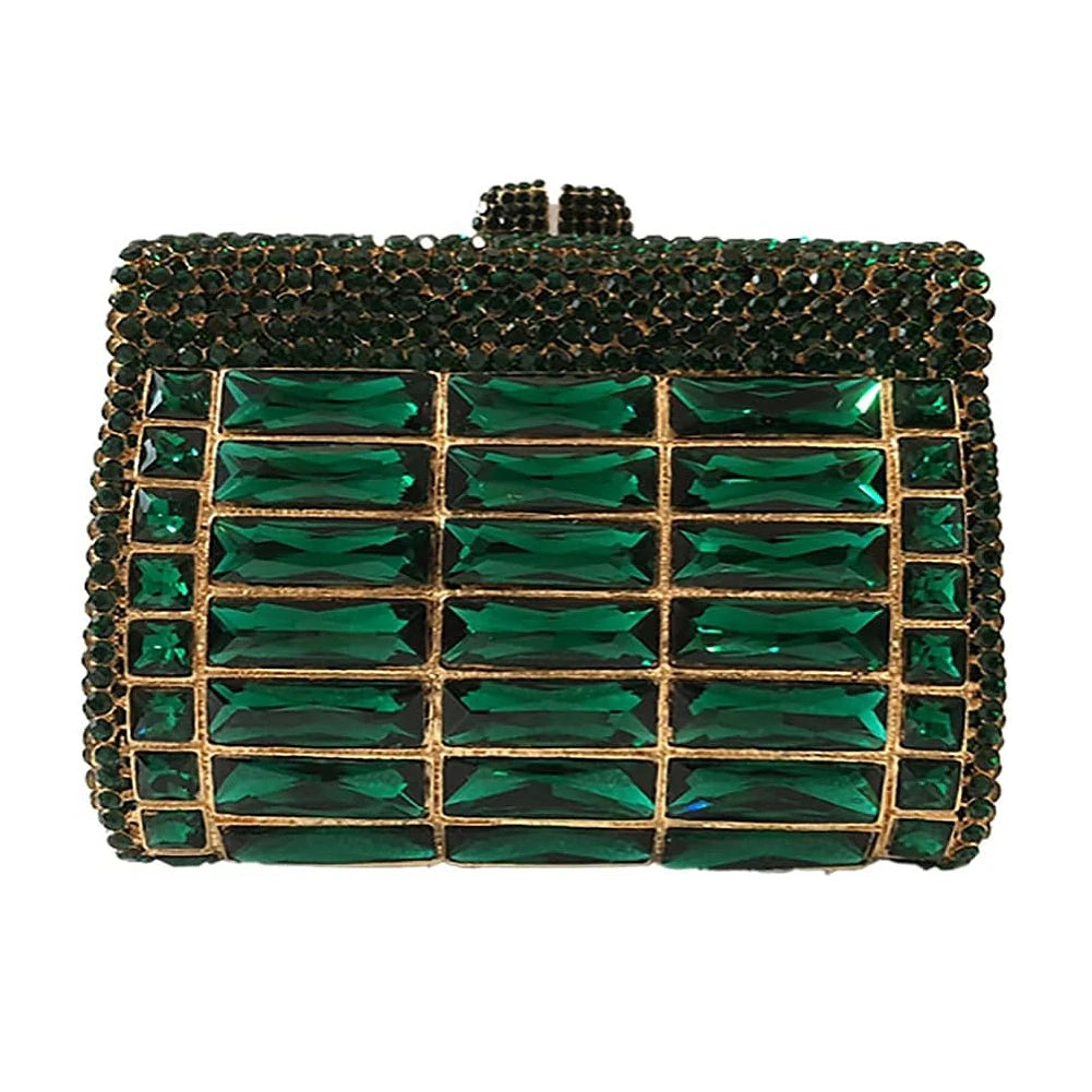 Emerald green crystal evening clutch handbag with sparkling rhinestone grid design and luxury diamond-style finish.