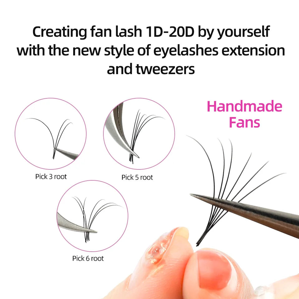 Tidesmit 0.03mm handmade silk eyelash extension fans being picked up with tweezers to create volume lash sets.