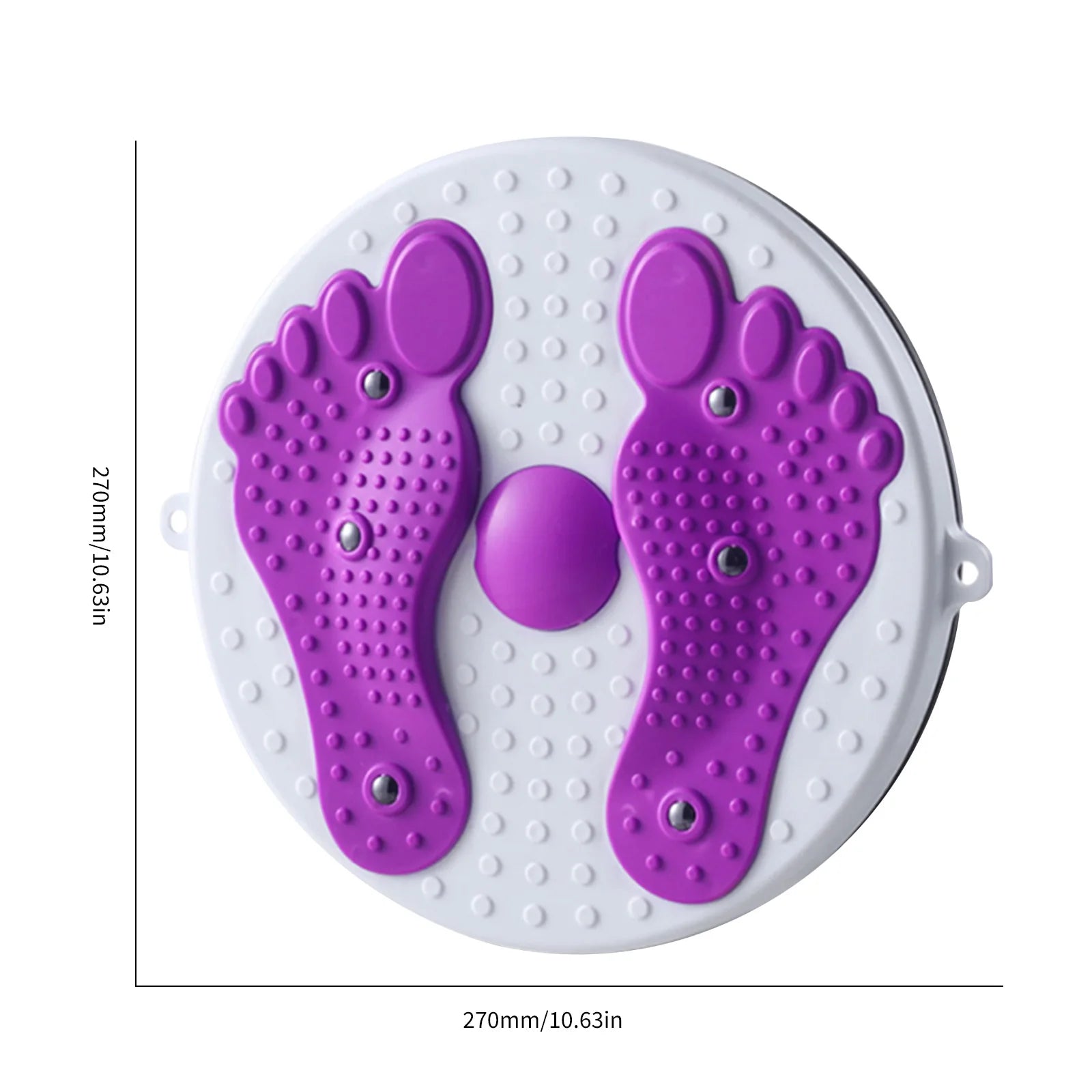 Round white and purple waist twisting disk, 27cm diameter, with textured footpads and massage beads for fitness
