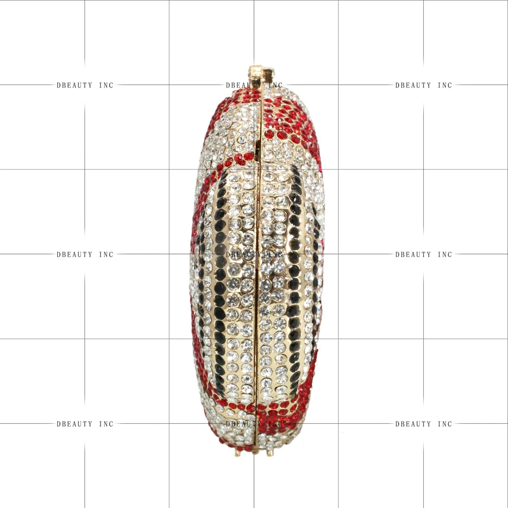 Candy-shaped designer evening clutch with red, white, and black sparkling rhinestones on a gold frame.