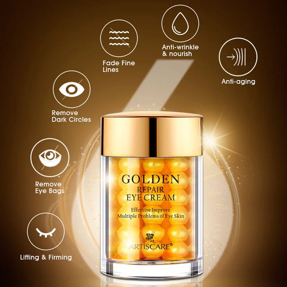 ARTISCARE 24K Gold Repair Eye Cream in a cylindrical bottle, an anti-aging moisturizing serum for facial skin care.