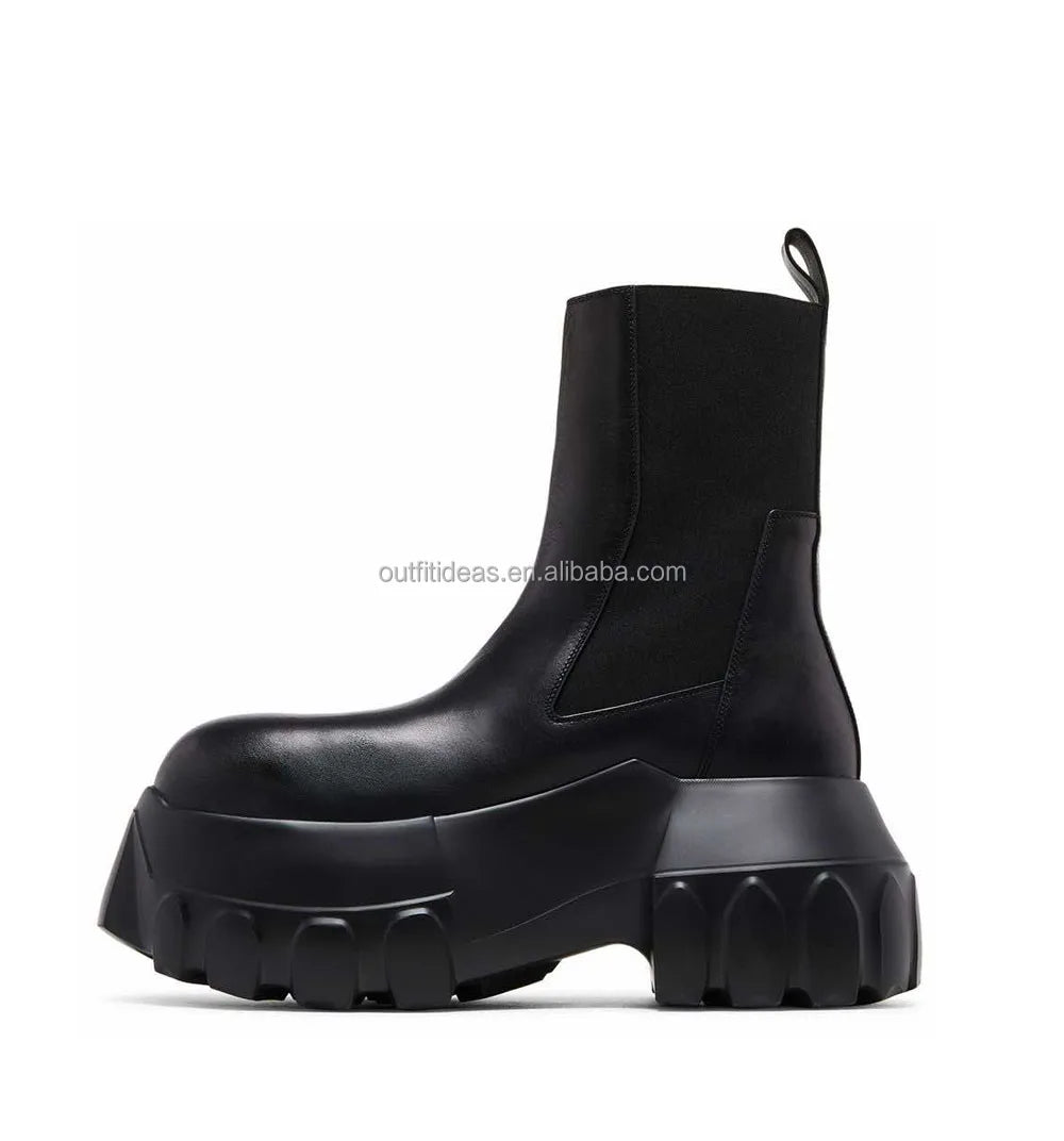 Round Toe Calf Leather Original Women Men Platform Dress Shoes Elasticated Panelled Boots Mega Tractor Leather Men Chelsea Boots
