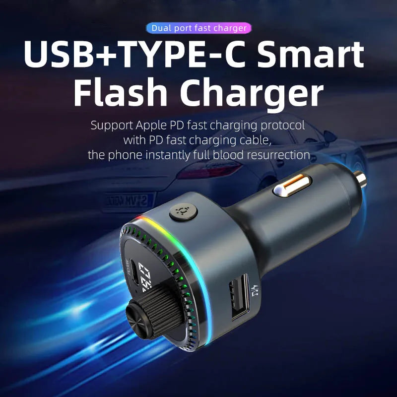 C58 Bluetooth Handsfree Call MP3 Music Player FM Transmitter Type C USB Port Car Charger Adapter Aluminum Alloy Fast Charging Tidesmit