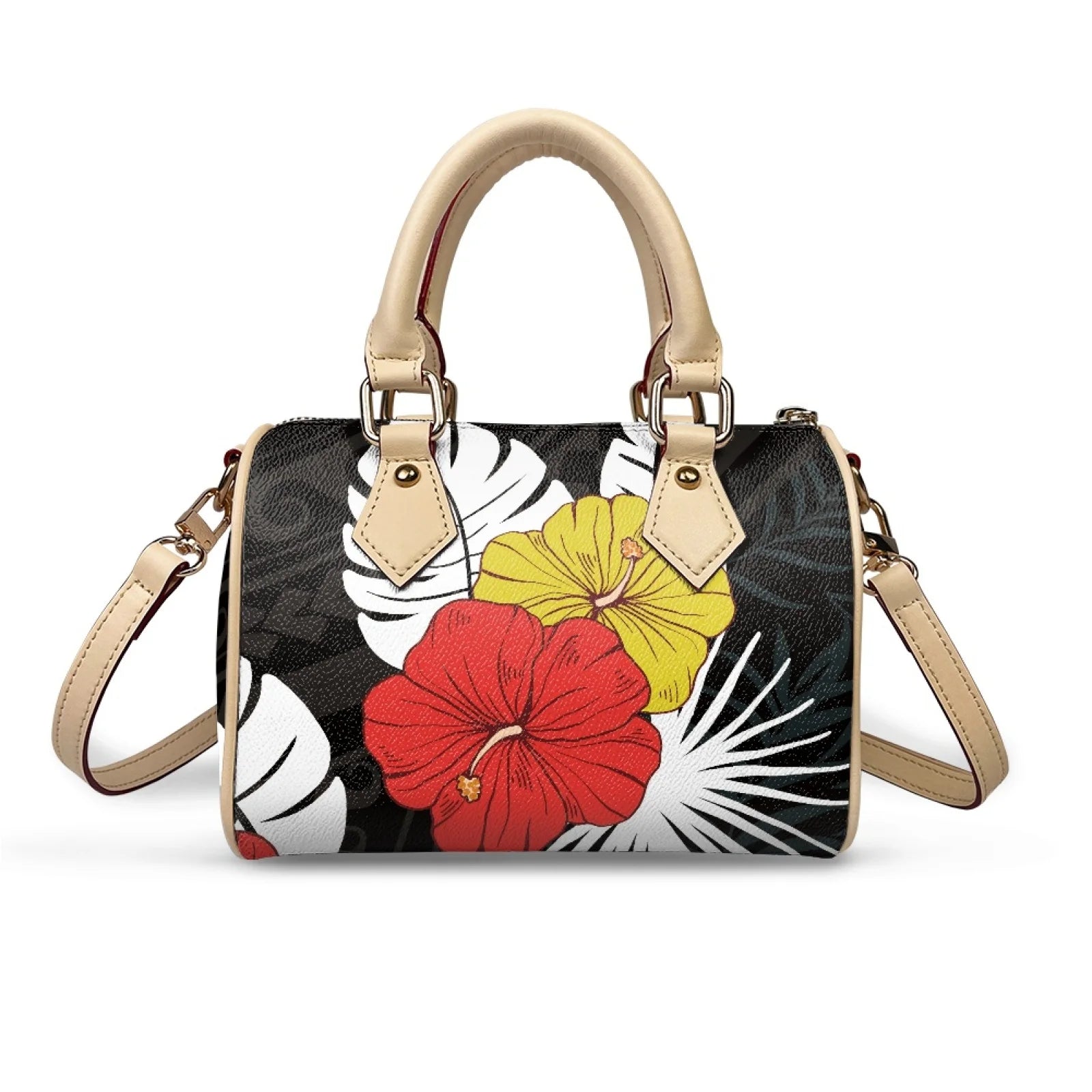 Waterproof PU trunk handbag with Samoan tribal print, hibiscus flowers, beige handles, and detachable crossbody strap.