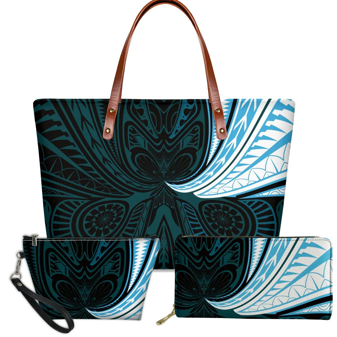 3-piece blue and black Polynesian tribal print handbag set with brown leather handles and matching zipper pouches.