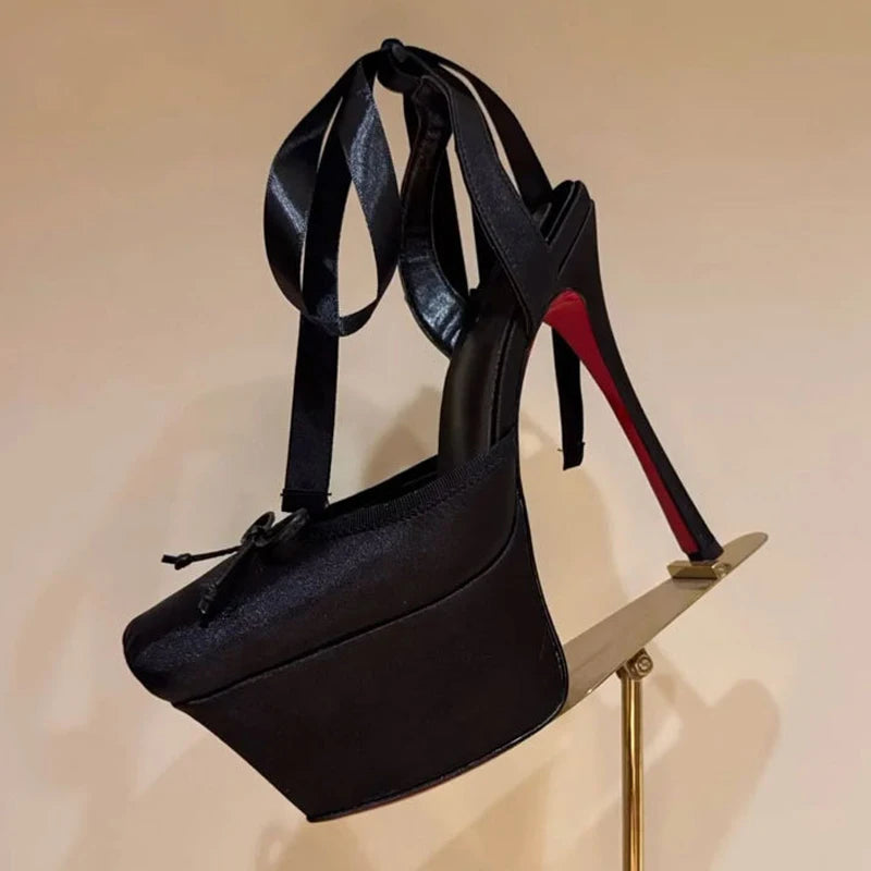 New Colors Women Silk Platform High Heels Stiletto Summer Square Toe Front Bow Shoes Ankle Cross Lace up Dress Wide Fit Pumps