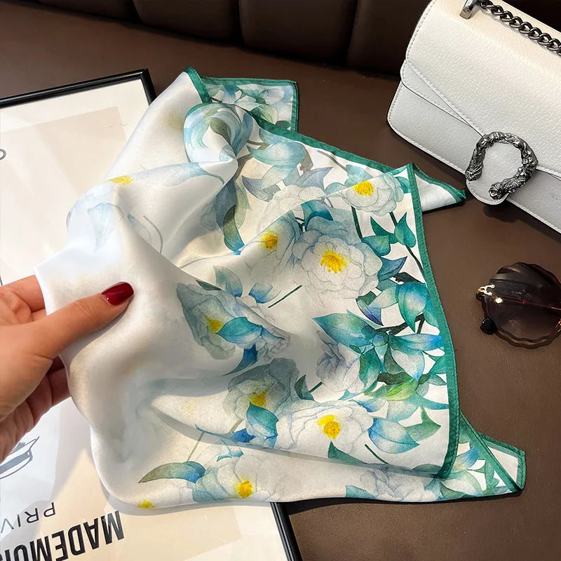 Women's Spring Autumn Mulberry Silk Square Scarf, Elegant Geometric Print, Soft & Smooth Neck Scarf