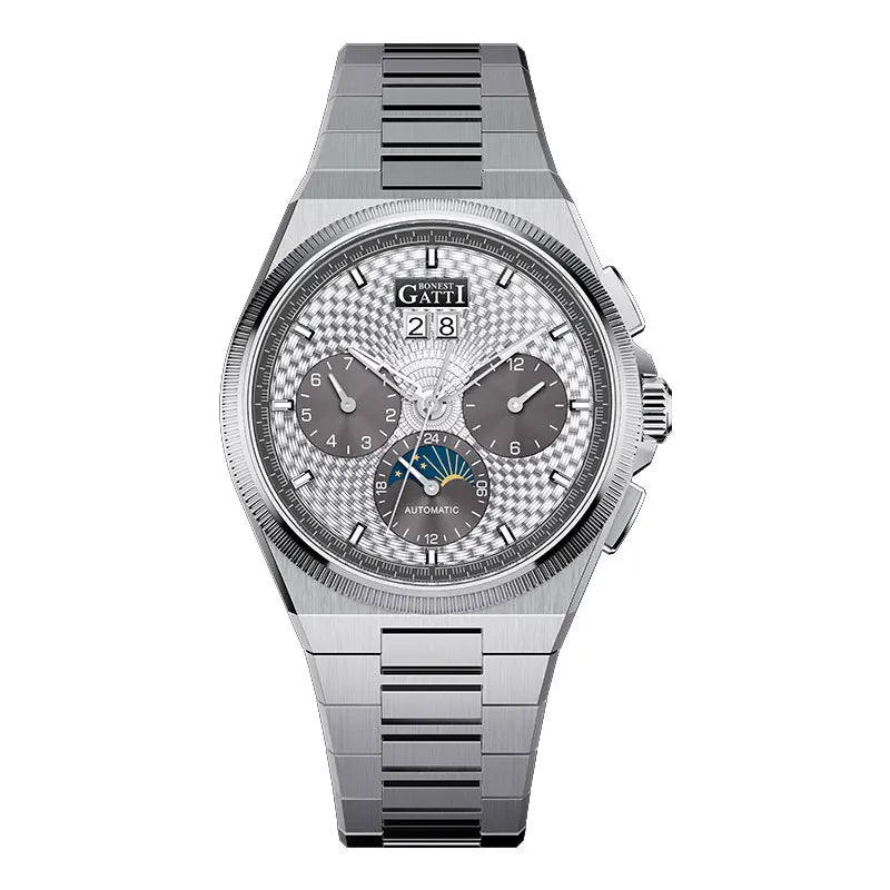 BONEST GATTI Automatic Mechanical Skeleton Watch Stainless Steel Waterproof 50m Luminous Calendar for Minimalist Business Men