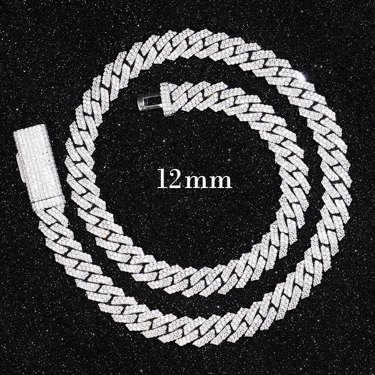 8mm-12mm Width 100% Pass Tester 18k Gold Plated 2rows VVS Moissanite  925 Silver Cuban Link Chain for Hip Hop Rapper Jewelry