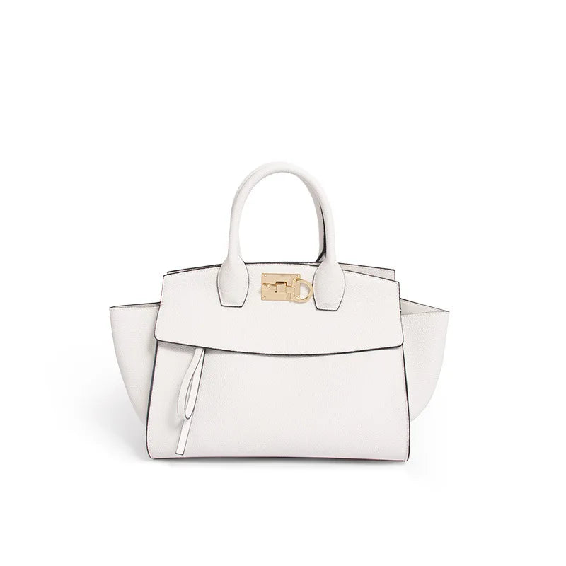 Luxury white genuine leather tote bag with gold-tone hardware clasp and structured top handle.
